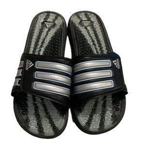 Adidas Women’s Black Slide Sandals with Silver Stripes
